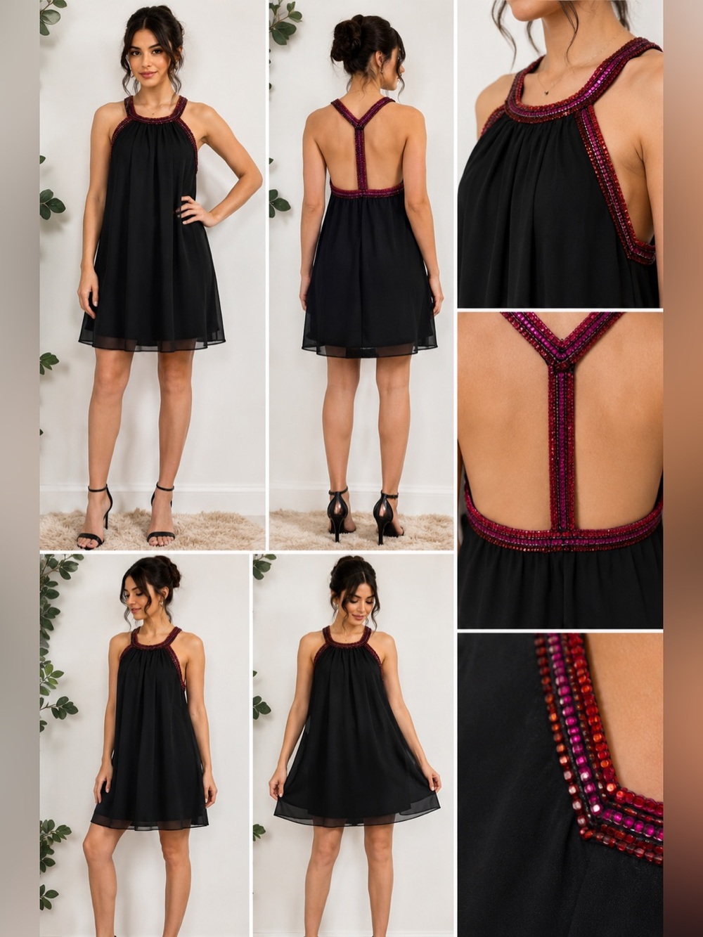 Jewel Badgley Mischka Black Beaded Chiffon Halter Dress Size 2 NWT